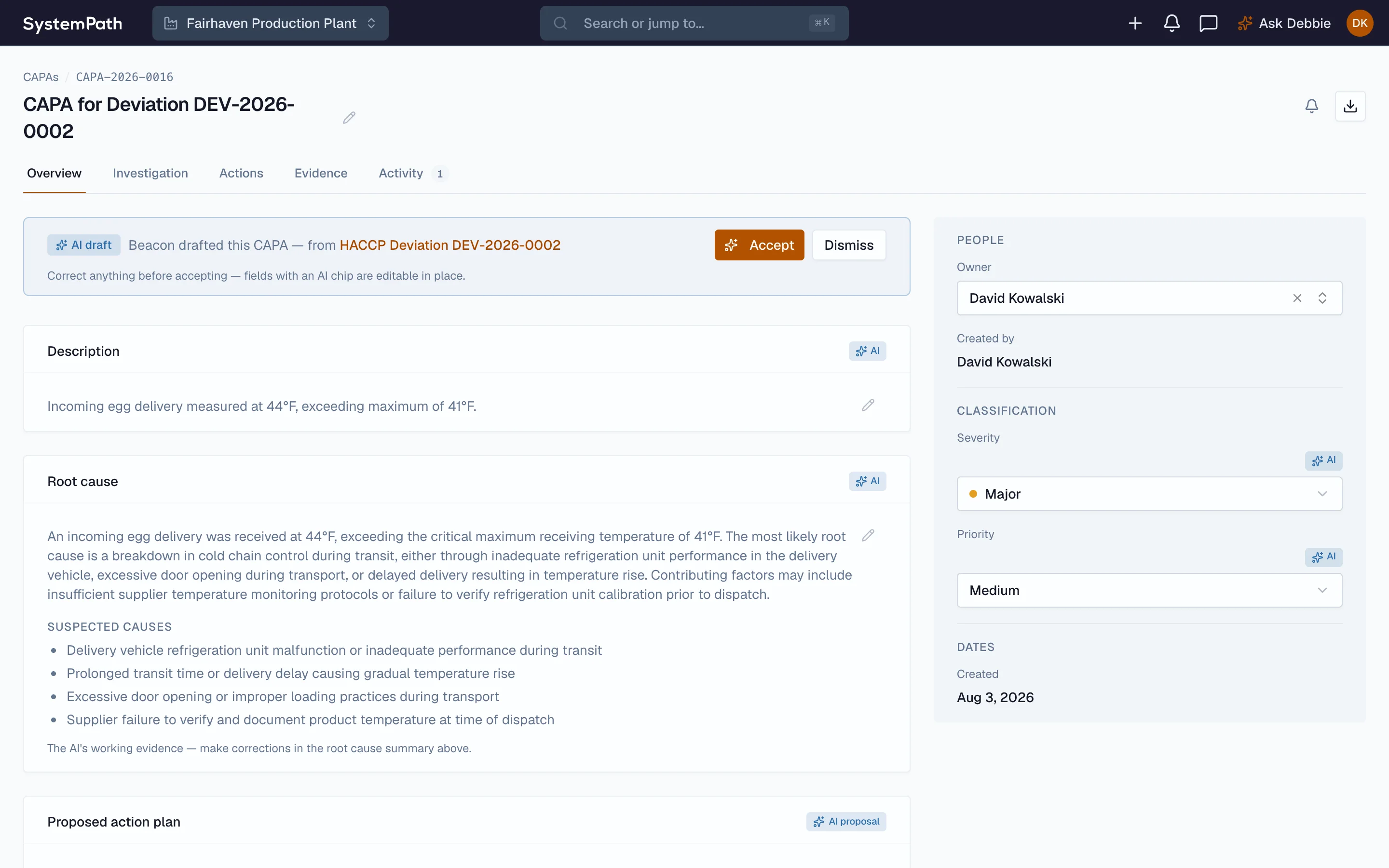 A Beacon CAPA drafted by AI from a deviation, labelled as a draft and awaiting a person
