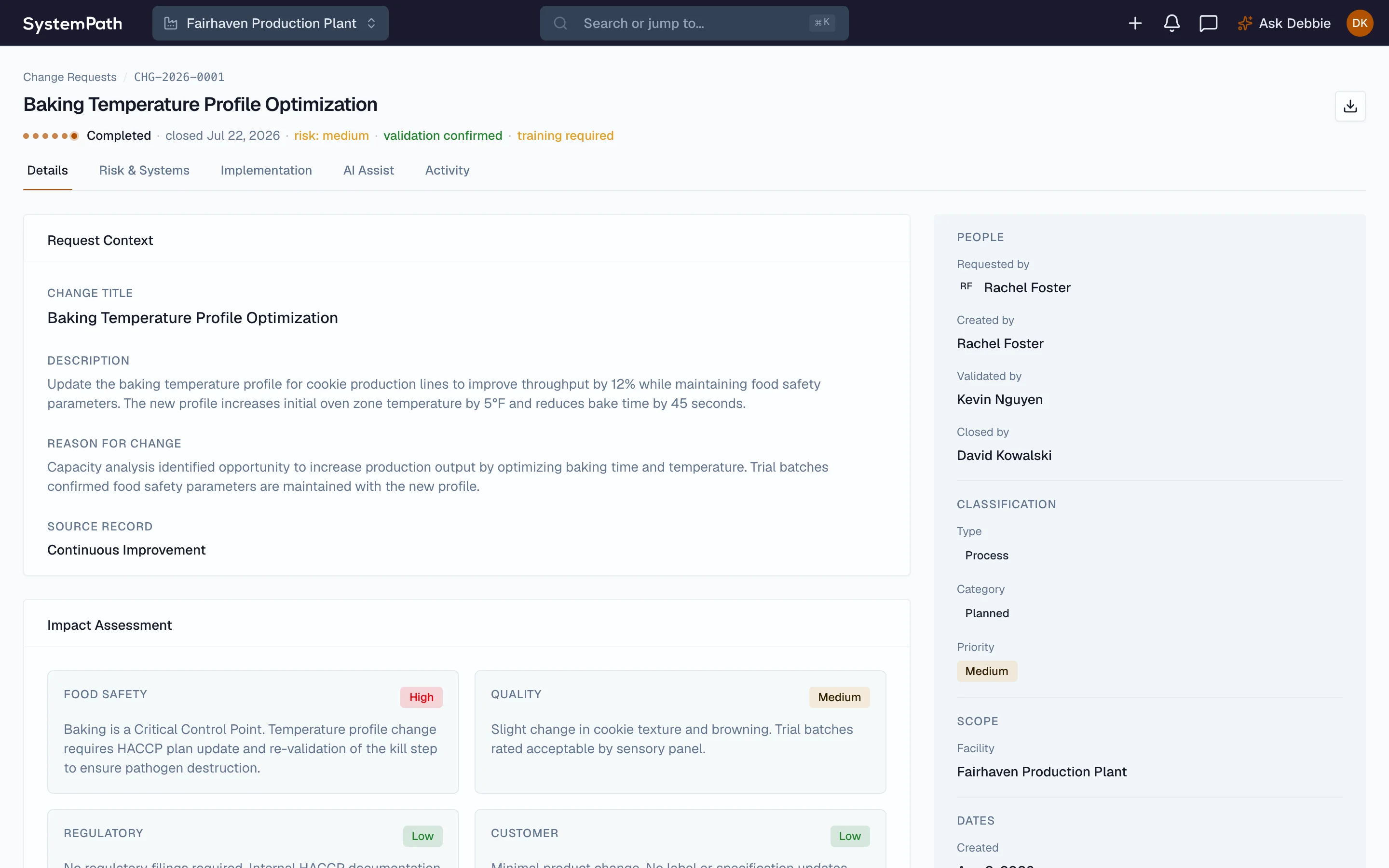 Beacon change request with its impact scored across food safety, quality, and regulatory