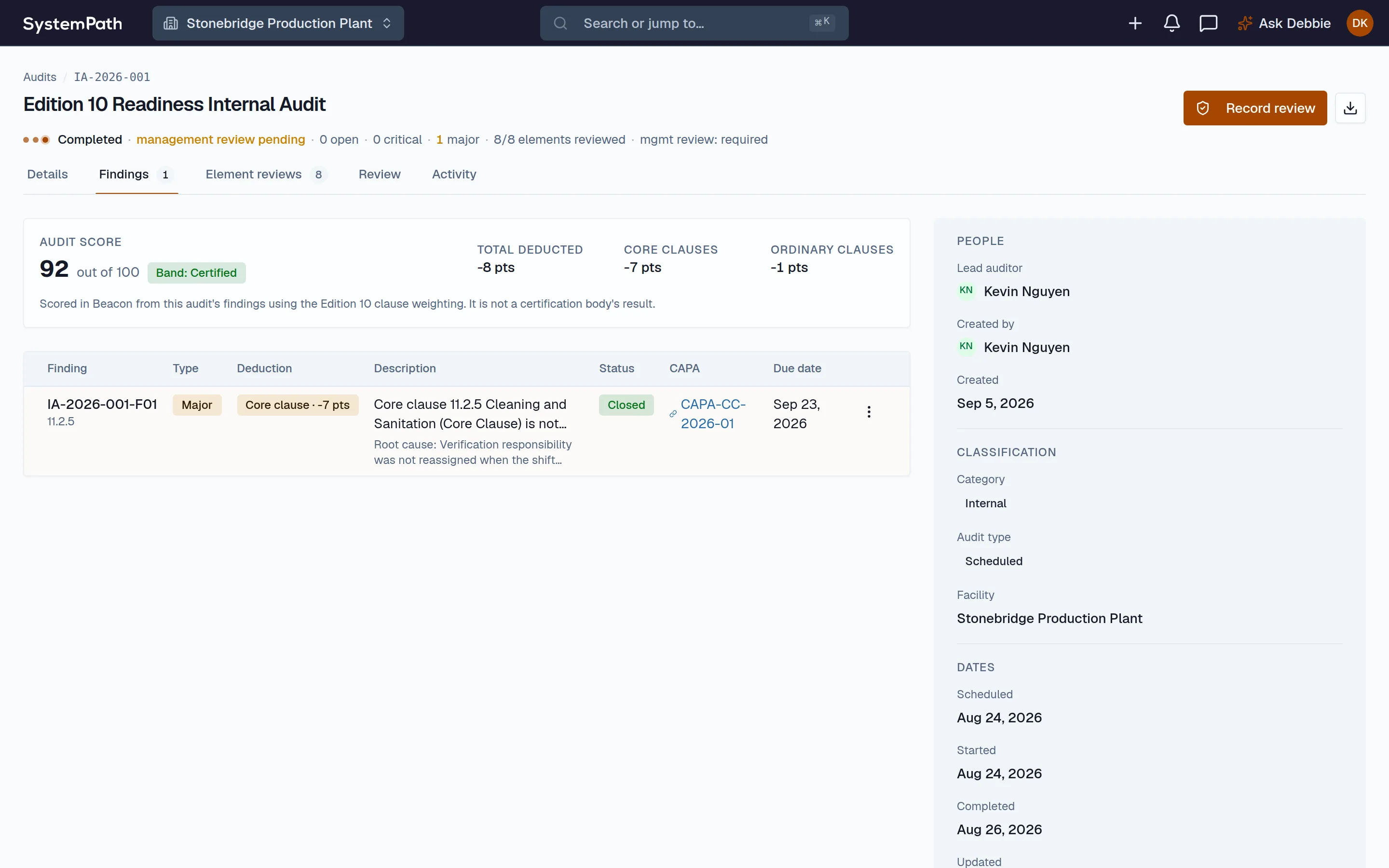 Beacon internal audit with core-clause scoring