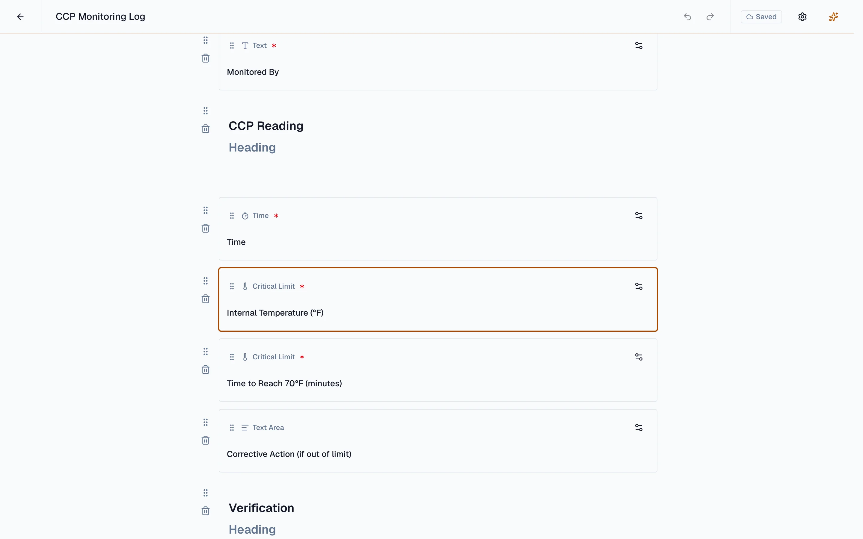 Beacon document builder with typed form fields including critical limit fields