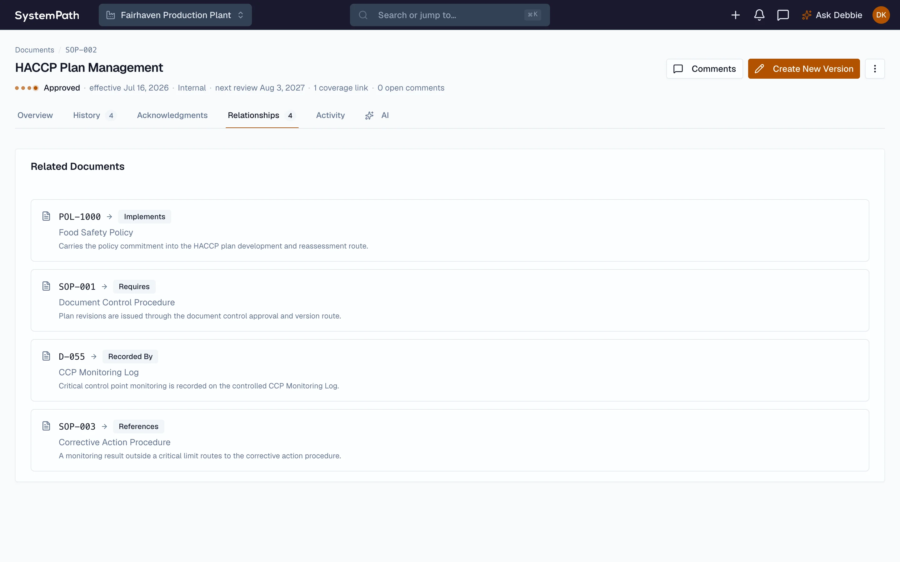 Beacon document relationships linking an SOP to its policy and its controlled record