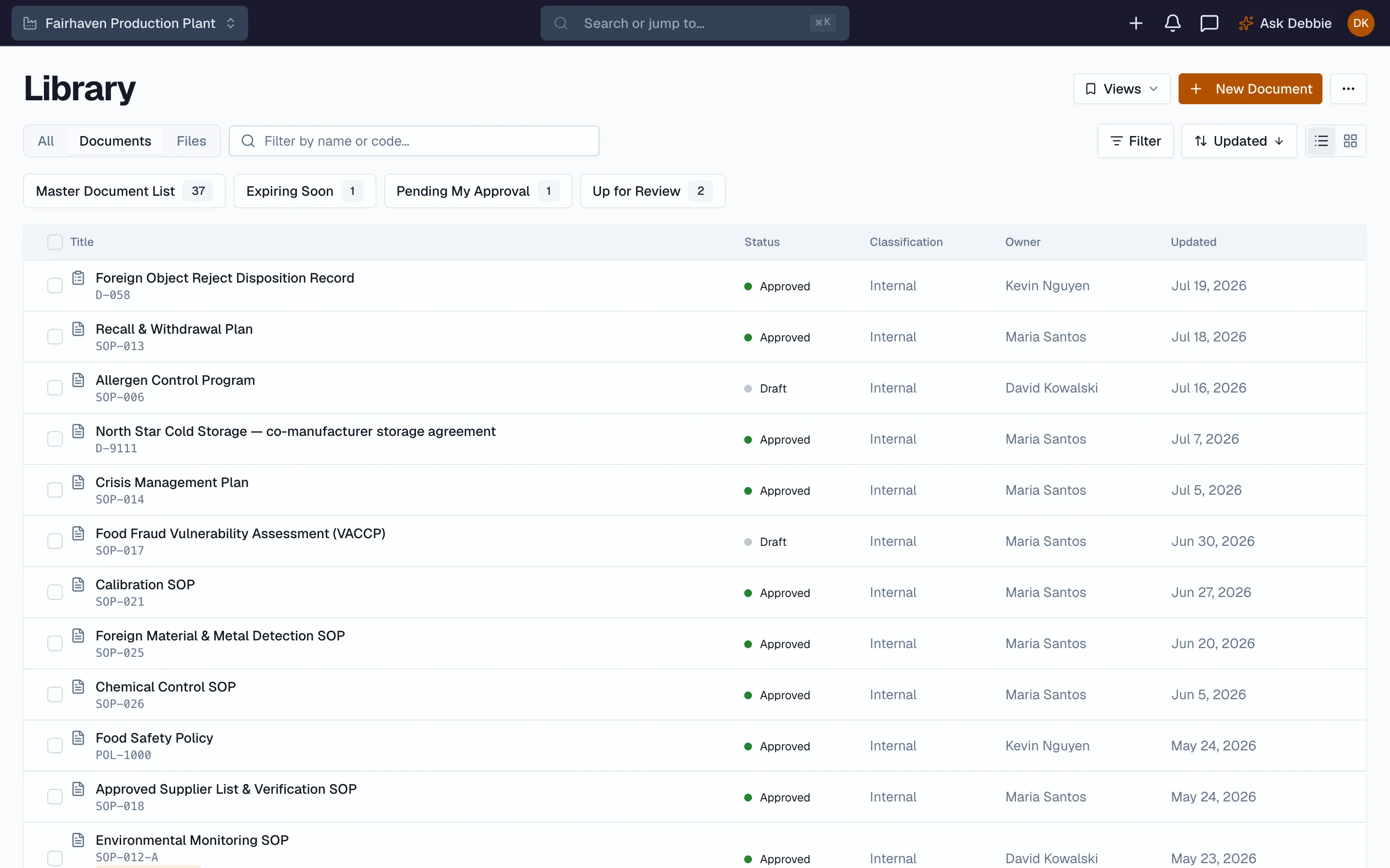 Beacon document library with expiring-soon and up-for-review views