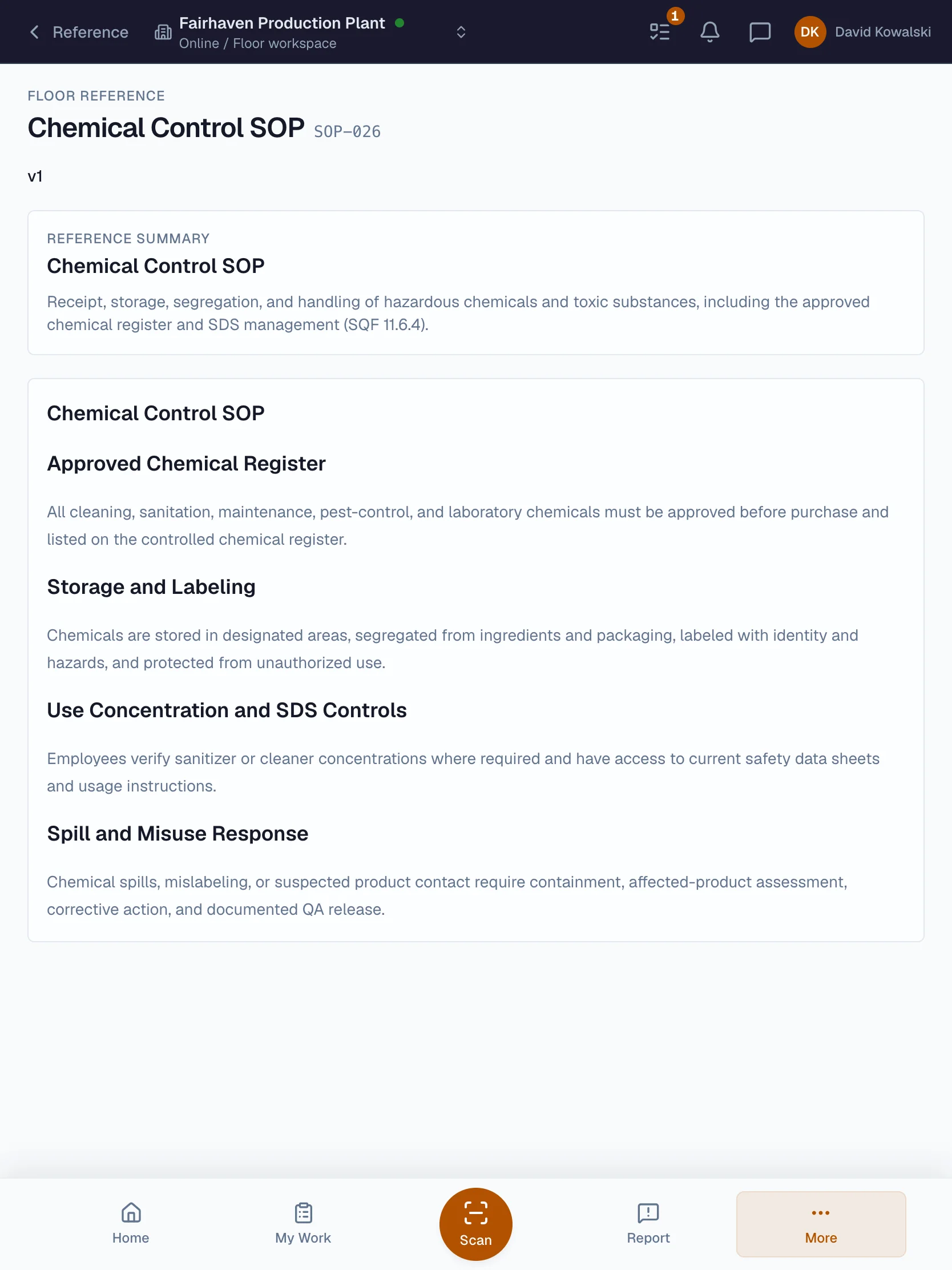 An approved SOP open in Beacon's floor reference view on a tablet
