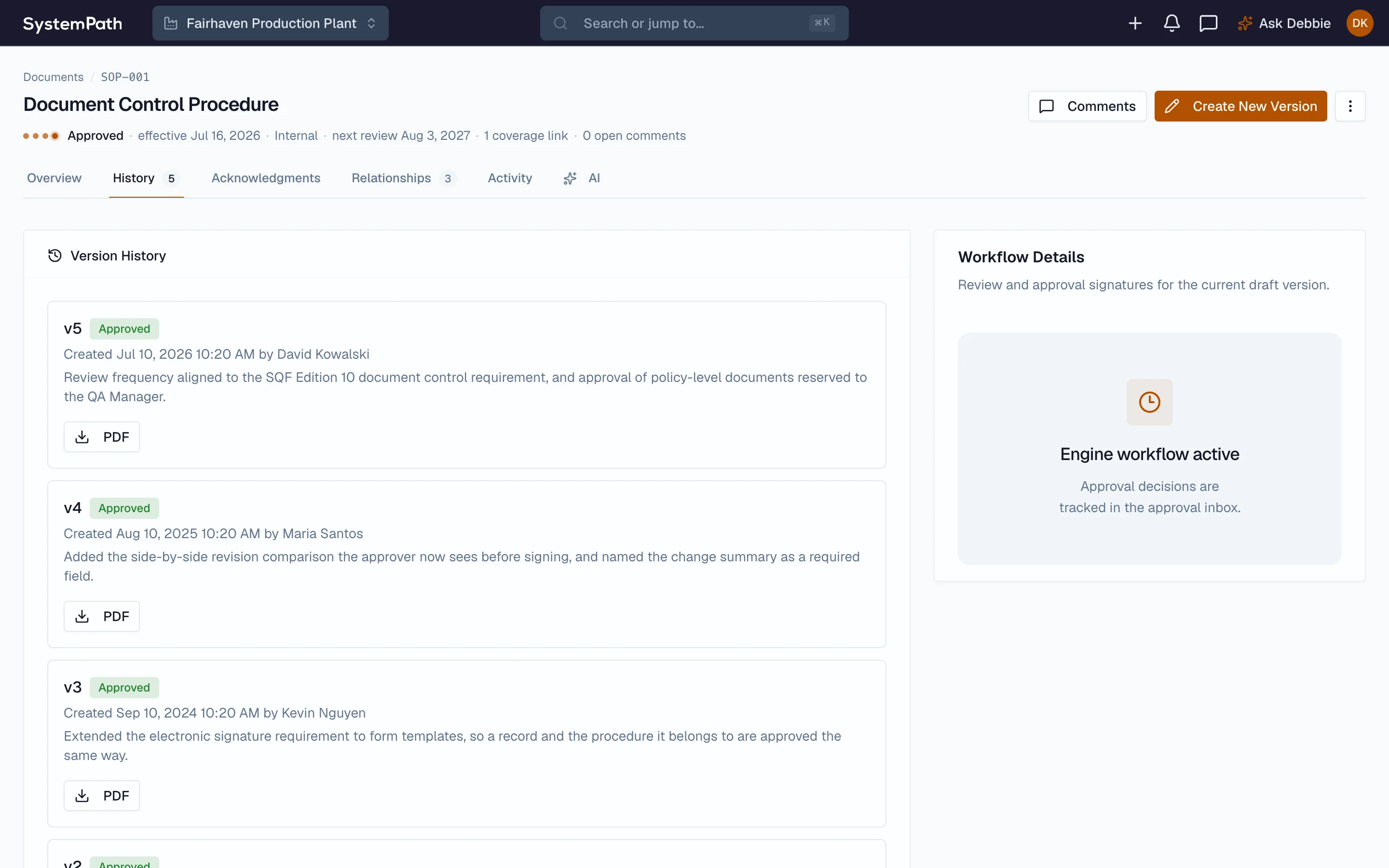 Beacon document version history with the approval signatures on the current version