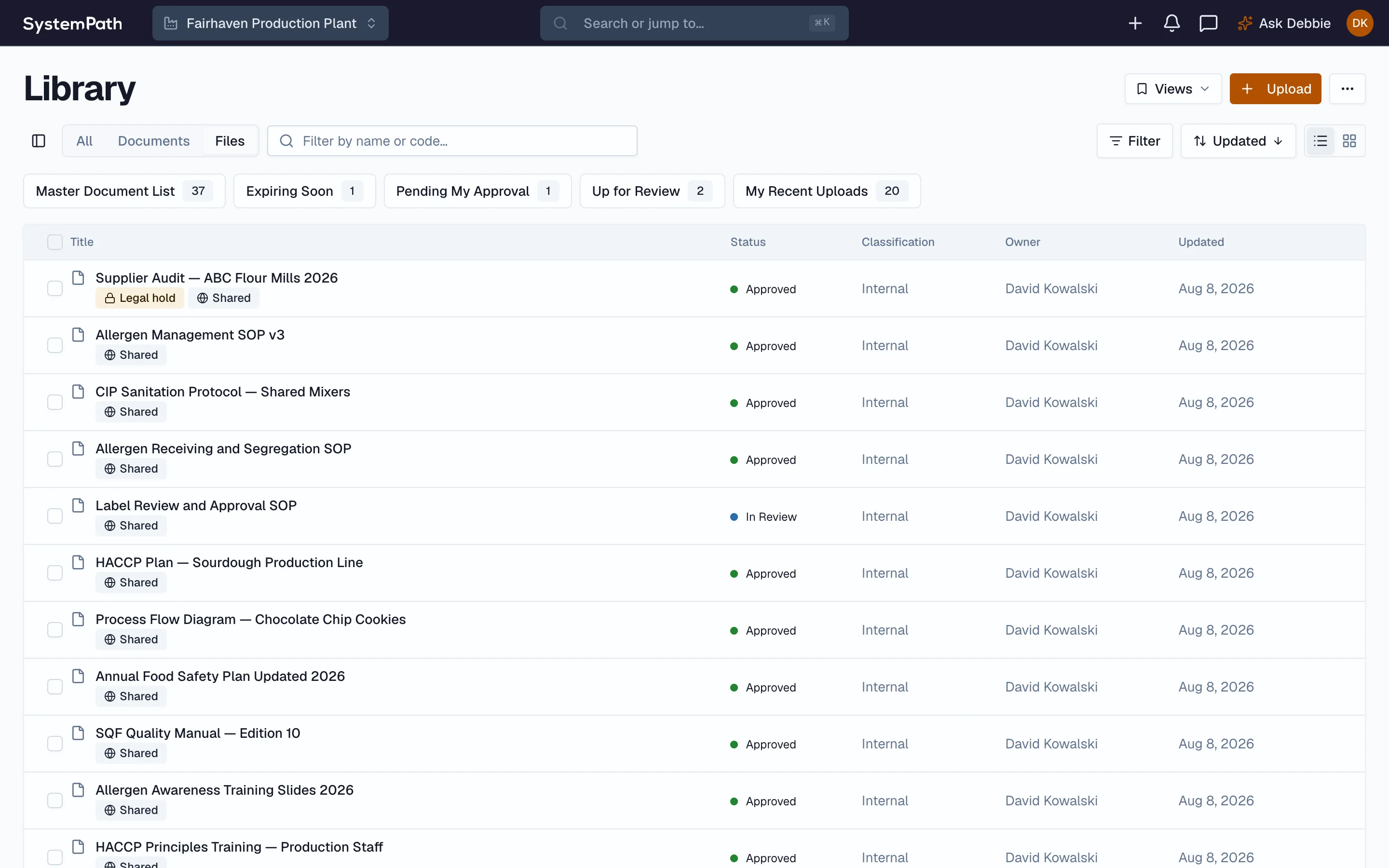 Beacon file repository with per-file status, classification, owner, and saved views