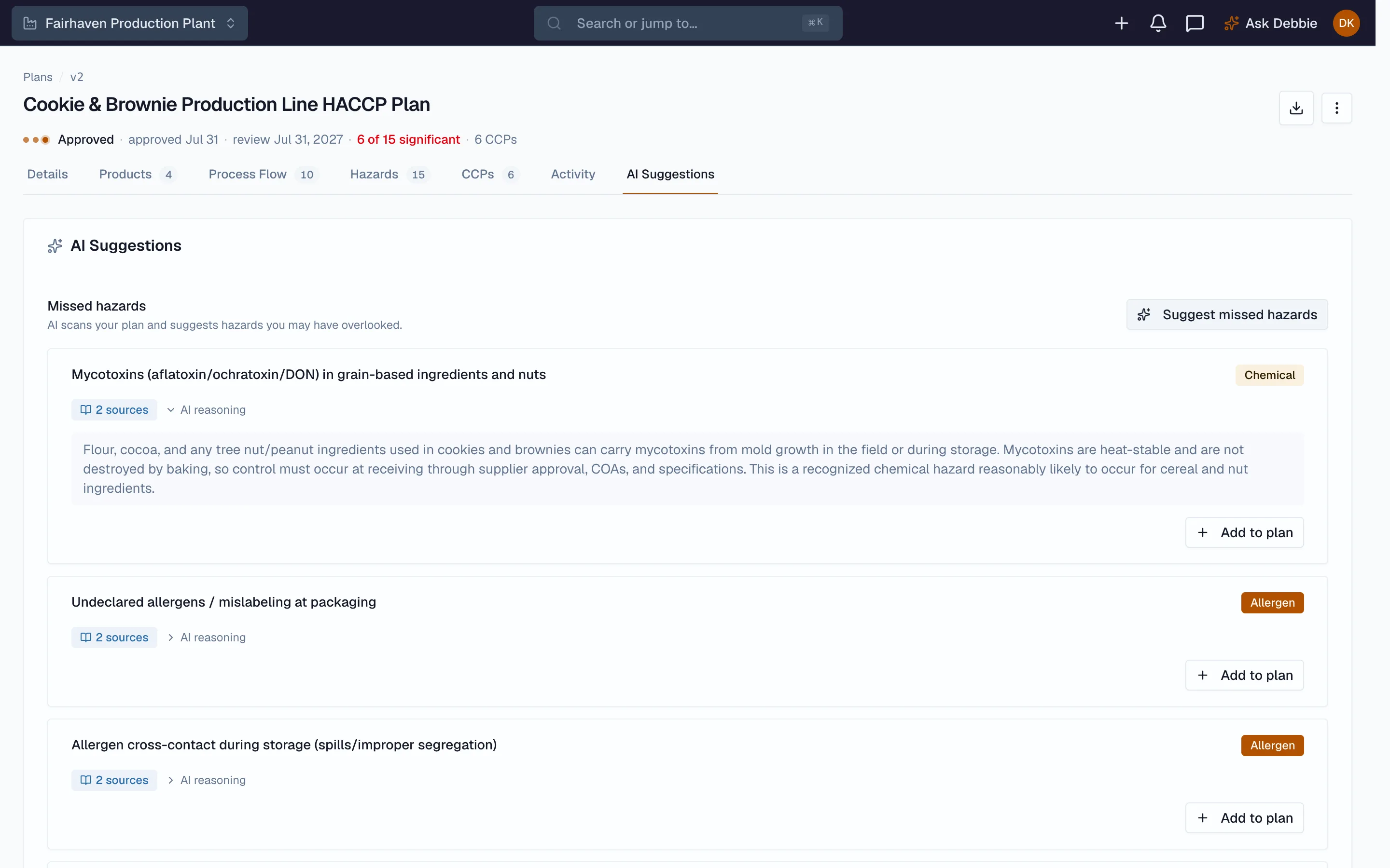 Beacon AI suggesting missed hazards with sources and an add-to-plan action