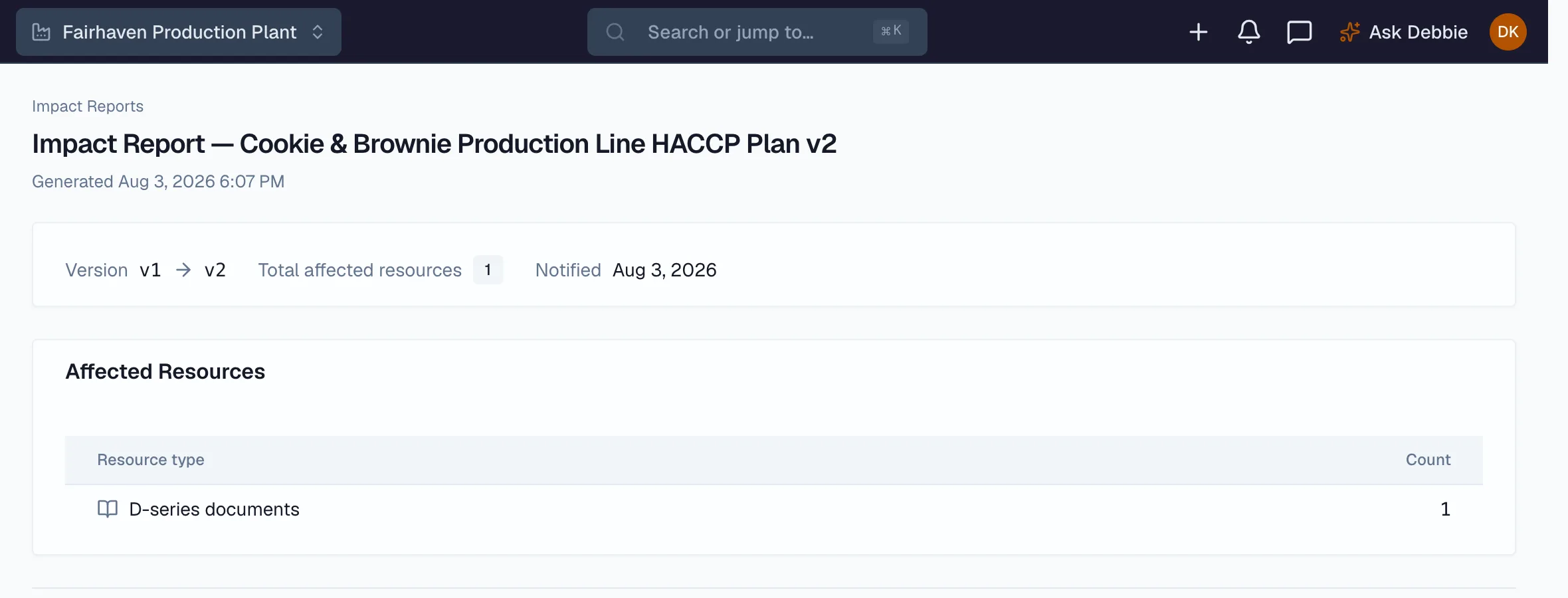 Beacon HACCP change impact report listing the records a plan change reaches