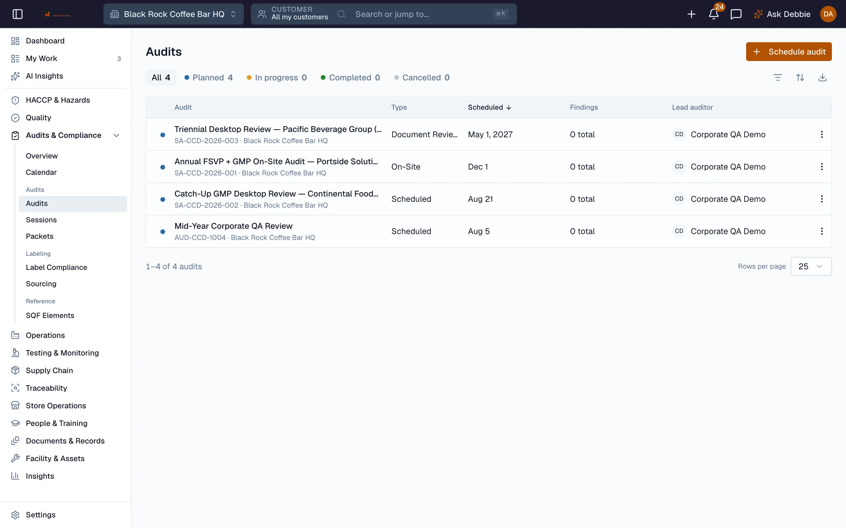 Scheduled supplier audits with lead auditors and dates in Beacon