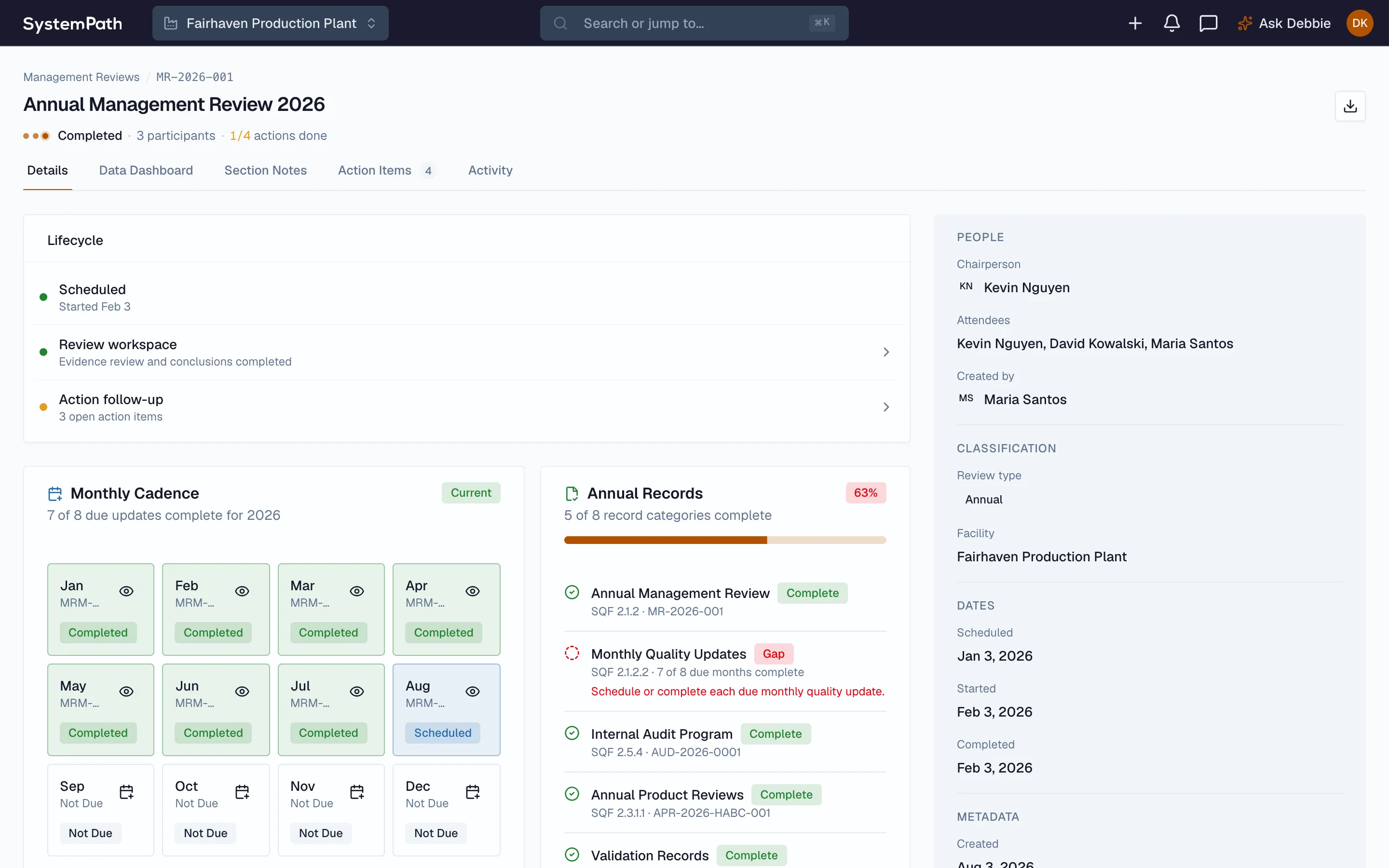 Beacon management review with its input checklist and the gaps it flags by clause