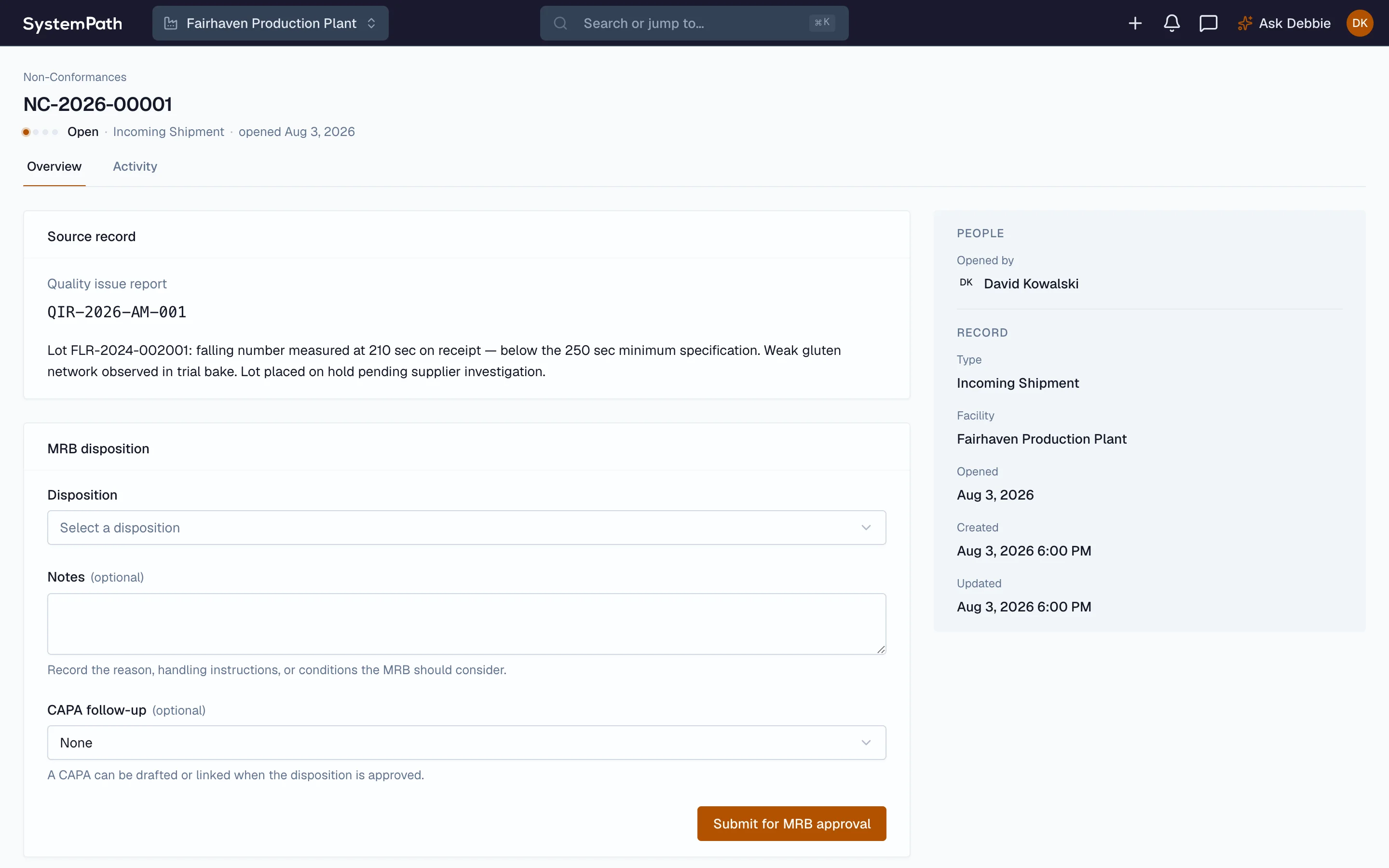 Beacon non-conformance held pending a material review board disposition