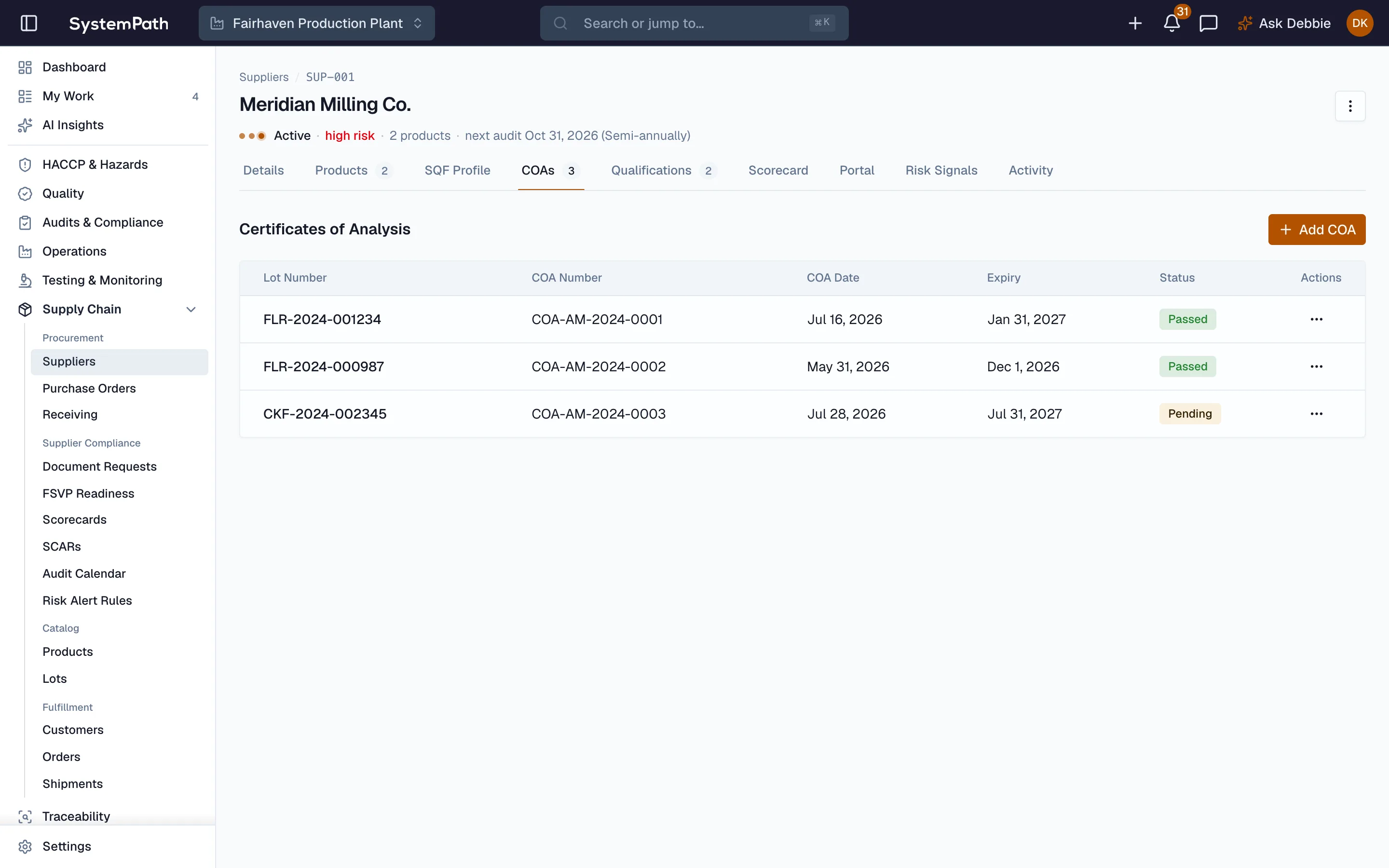 Supplier verification activities and COA records in Beacon
