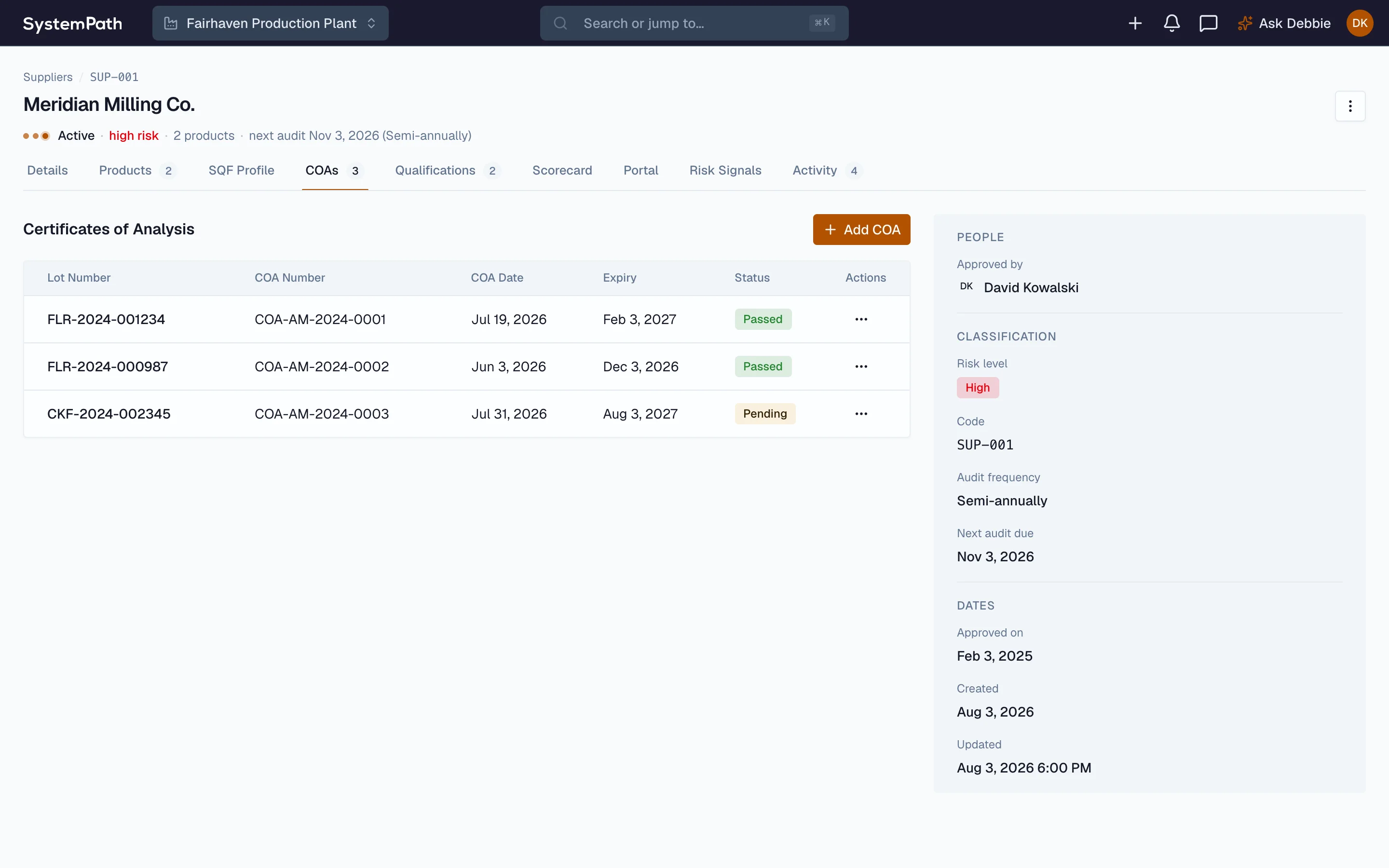 Beacon supplier certificates of analysis with their lot, expiry, and pass state