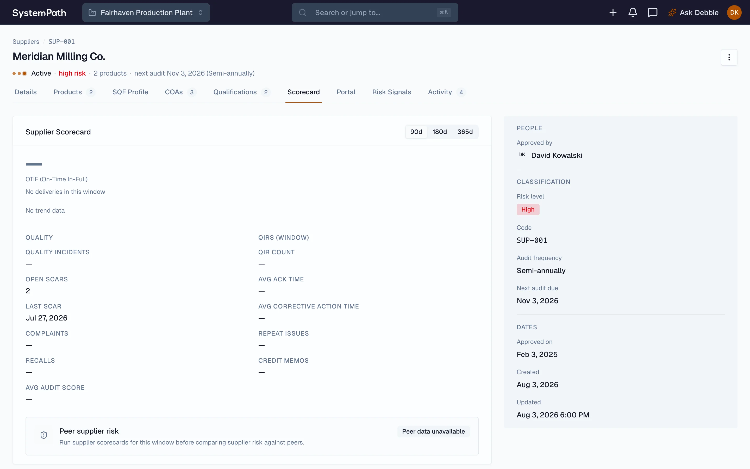 Beacon supplier scorecard tracking performance over time
