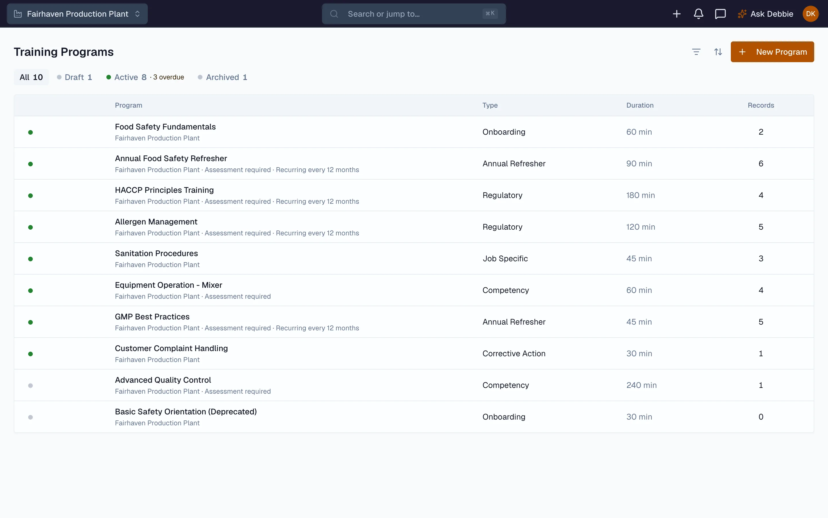 Beacon training programs and records linked to controlled documents