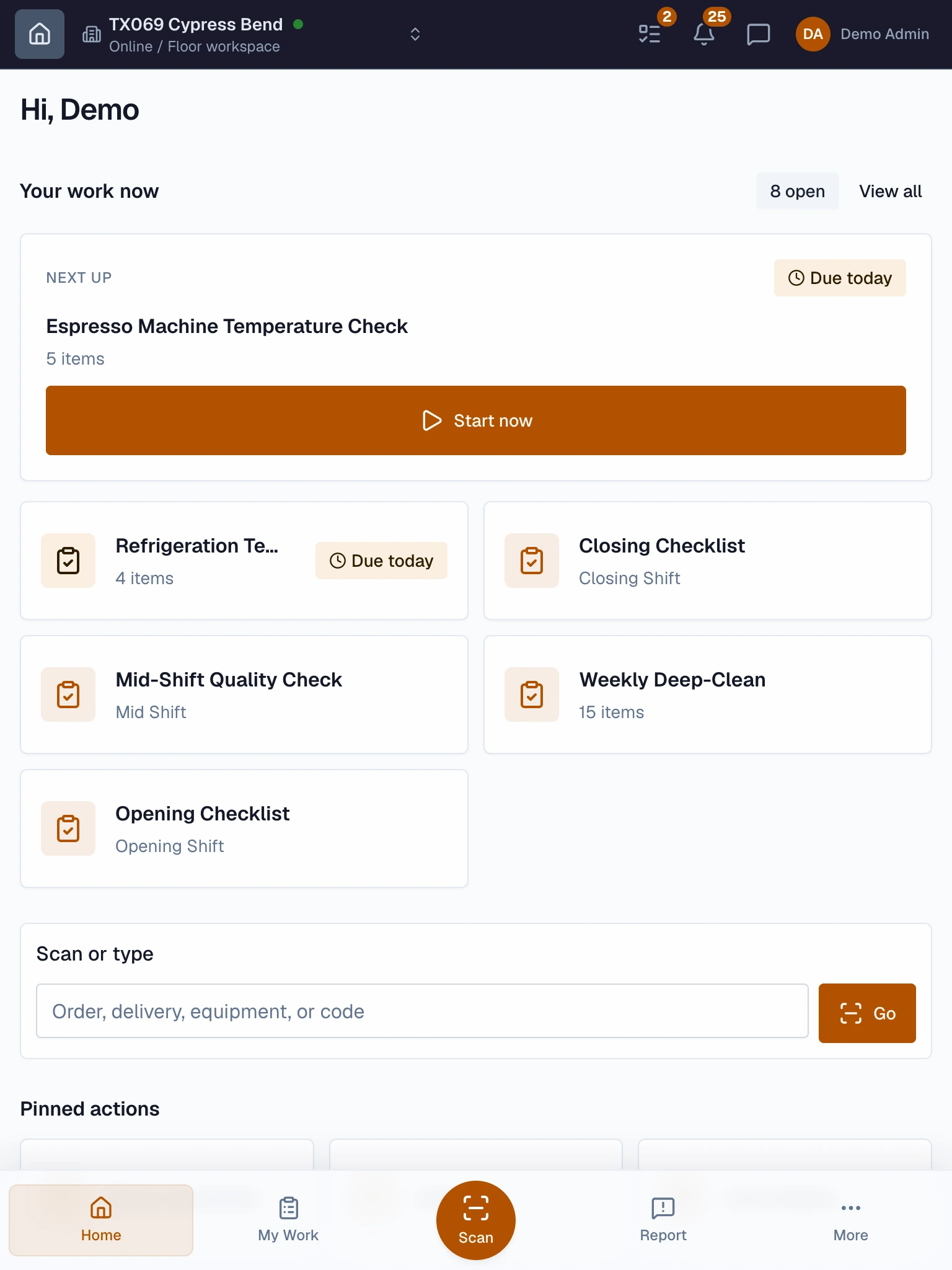 Beacon floor workspace with assigned shift checklists on a tablet